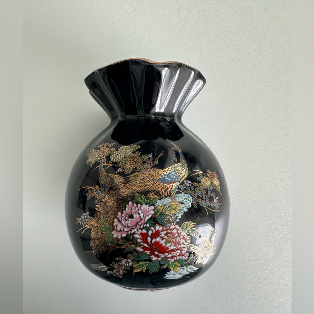 Vintage Japanese Small Ceramic Black Gold Trim Vase Peacock & Flower Design